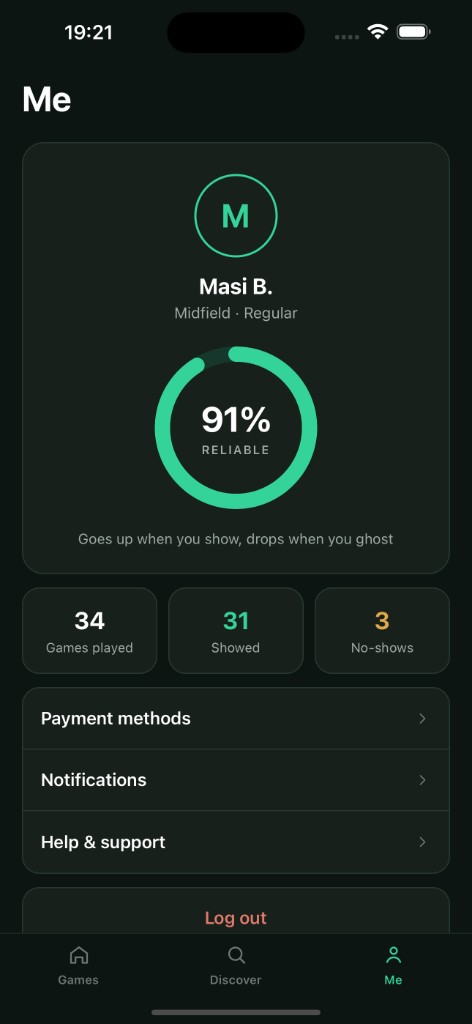 ShowUp profile with a 91% reliability score
